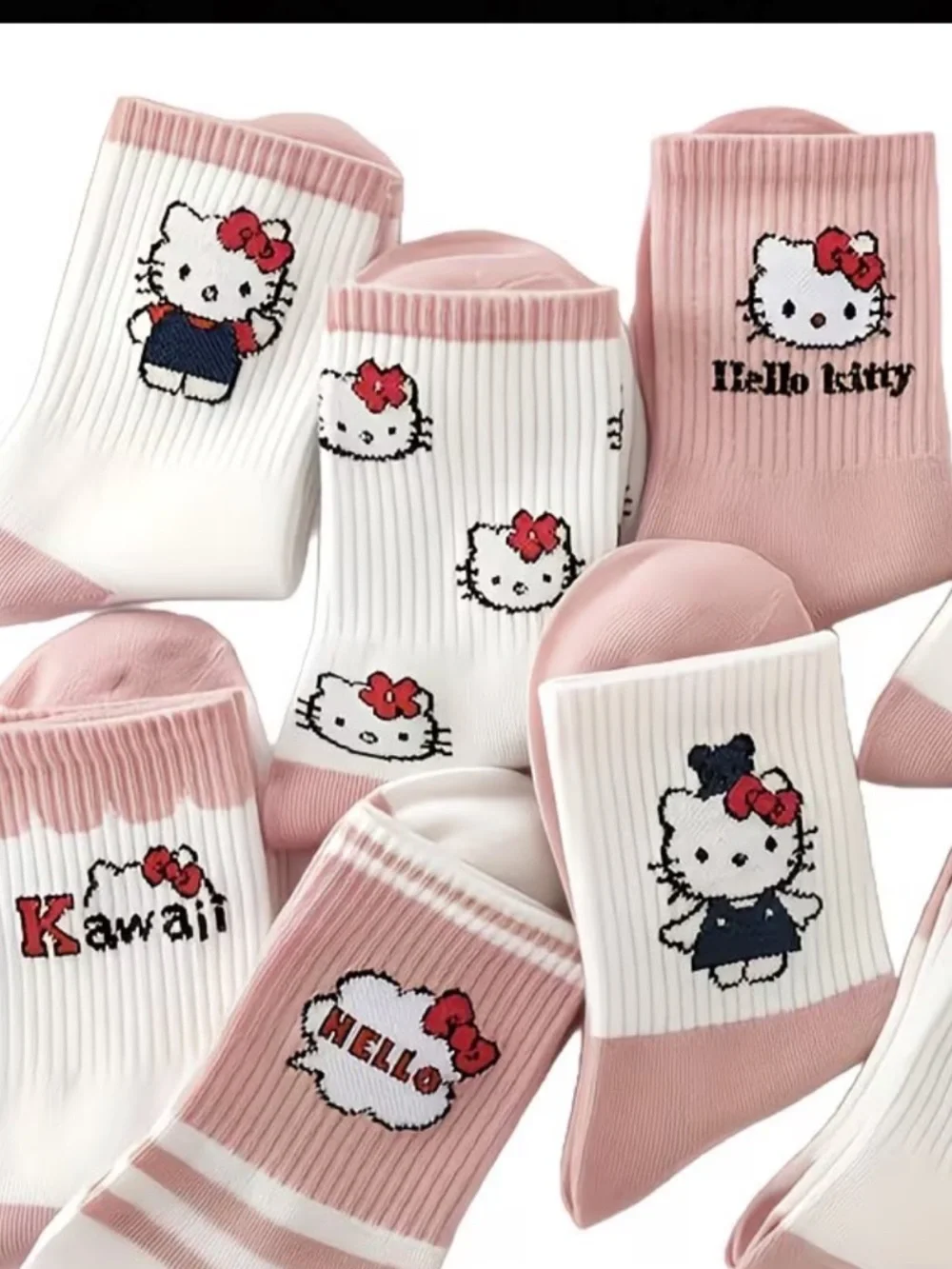 4 Pair Hello Kitty Kawaii Pink & White Crew Socks -